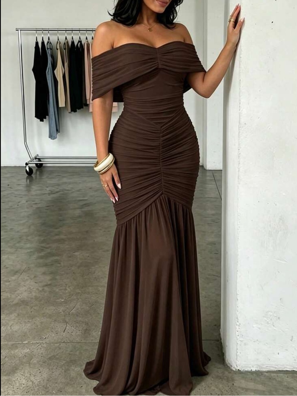 Off-Shoulder Brown Ruched Maxi Dress